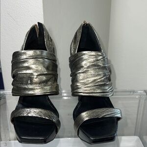 Jessica Simpson Metallic Silver Ruched Block Heel Sandals